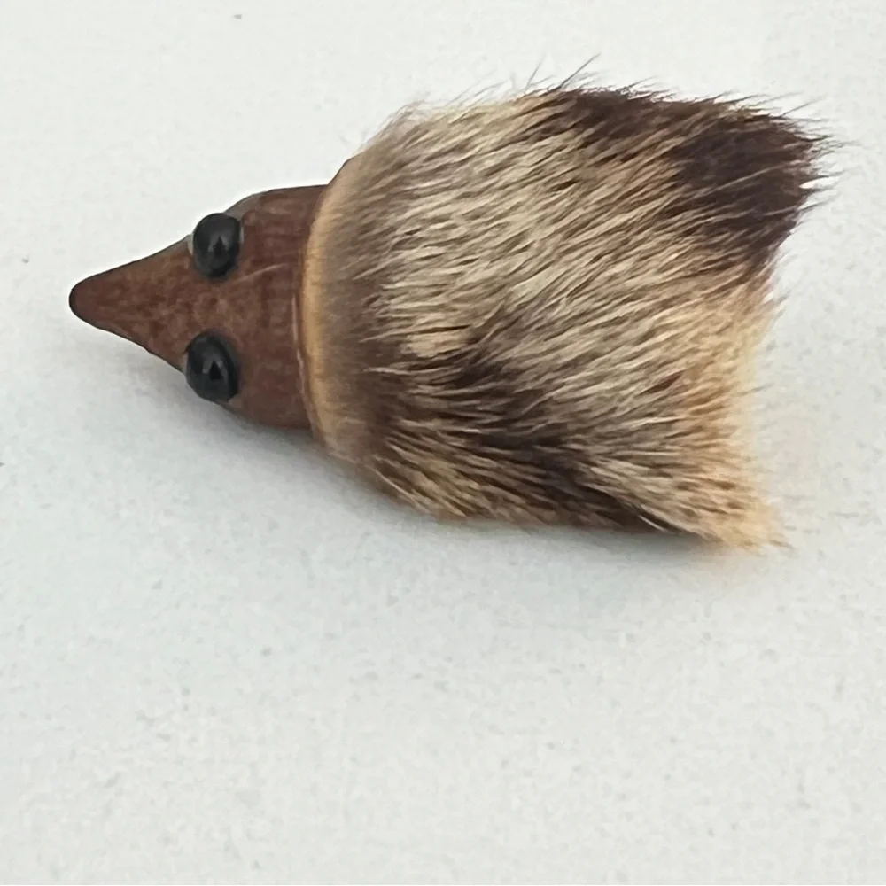 VTG 50s Danish Teak Wood and Fur Hedgehog Brooch Pin MCM Denmark Animal